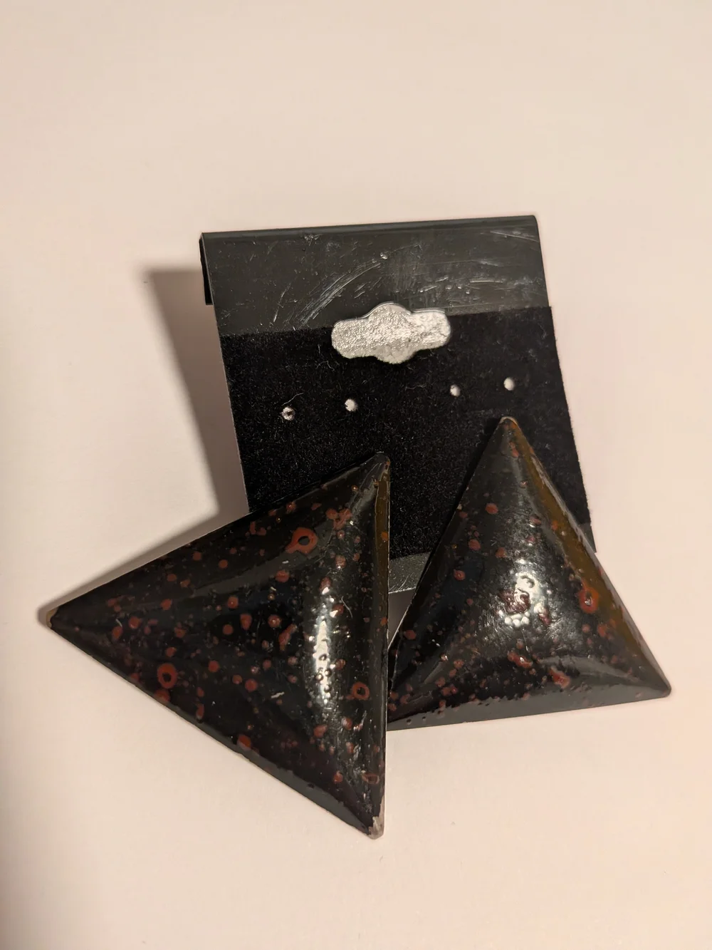 Triangular‎ Black Enamel Earrings with Rust Speckles